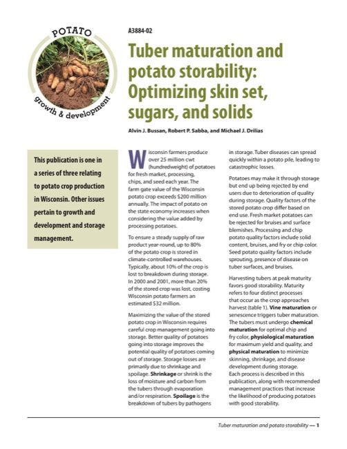 Tuber Maturation and Potato Storability: Optimizing skin set, sugars, and solids