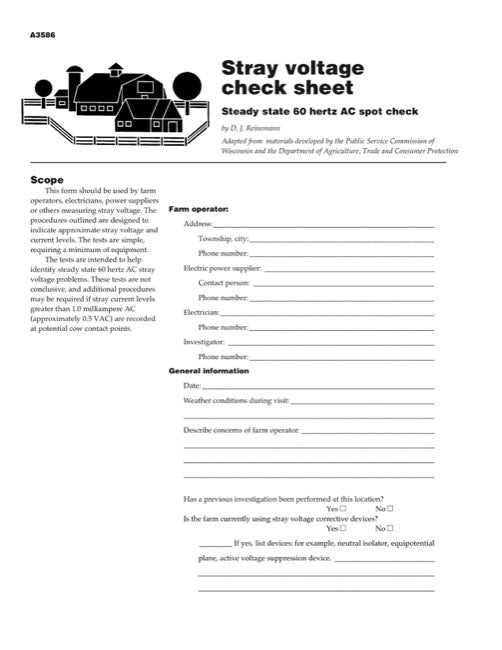 Stray Voltage Check Sheet: Steady State 60 hertz AC Spot Check