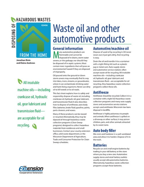 Disposing of Hazardous Wastes from the Home: Waste Oil and Other Automotive Products